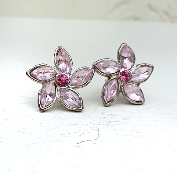 Pink and Silver Flower Post Earrings - Picture 5 of 6